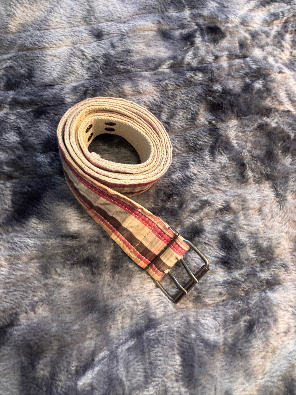 Striped Canvas Double-Prong Belt in Cream, pink, and brown